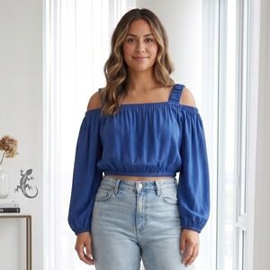 Clayton Paolina Top Womens Medium Royal Blue Off Shoulder Balloon Sleeve Crop‎